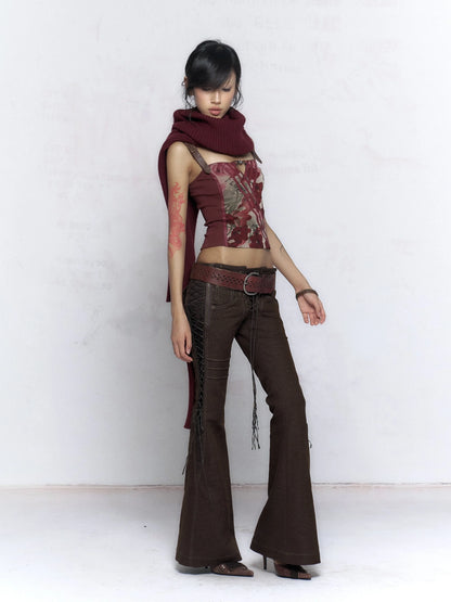 Flowers birds Market Elegant Two Tone Cowl Neck Pullover Long Sleeve Women Burgundy Black Blouse