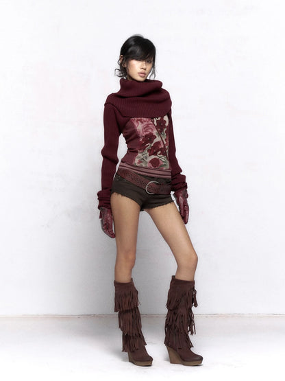Flowers birds Market Elegant Two Tone Cowl Neck Pullover Long Sleeve Women Burgundy Black Blouse