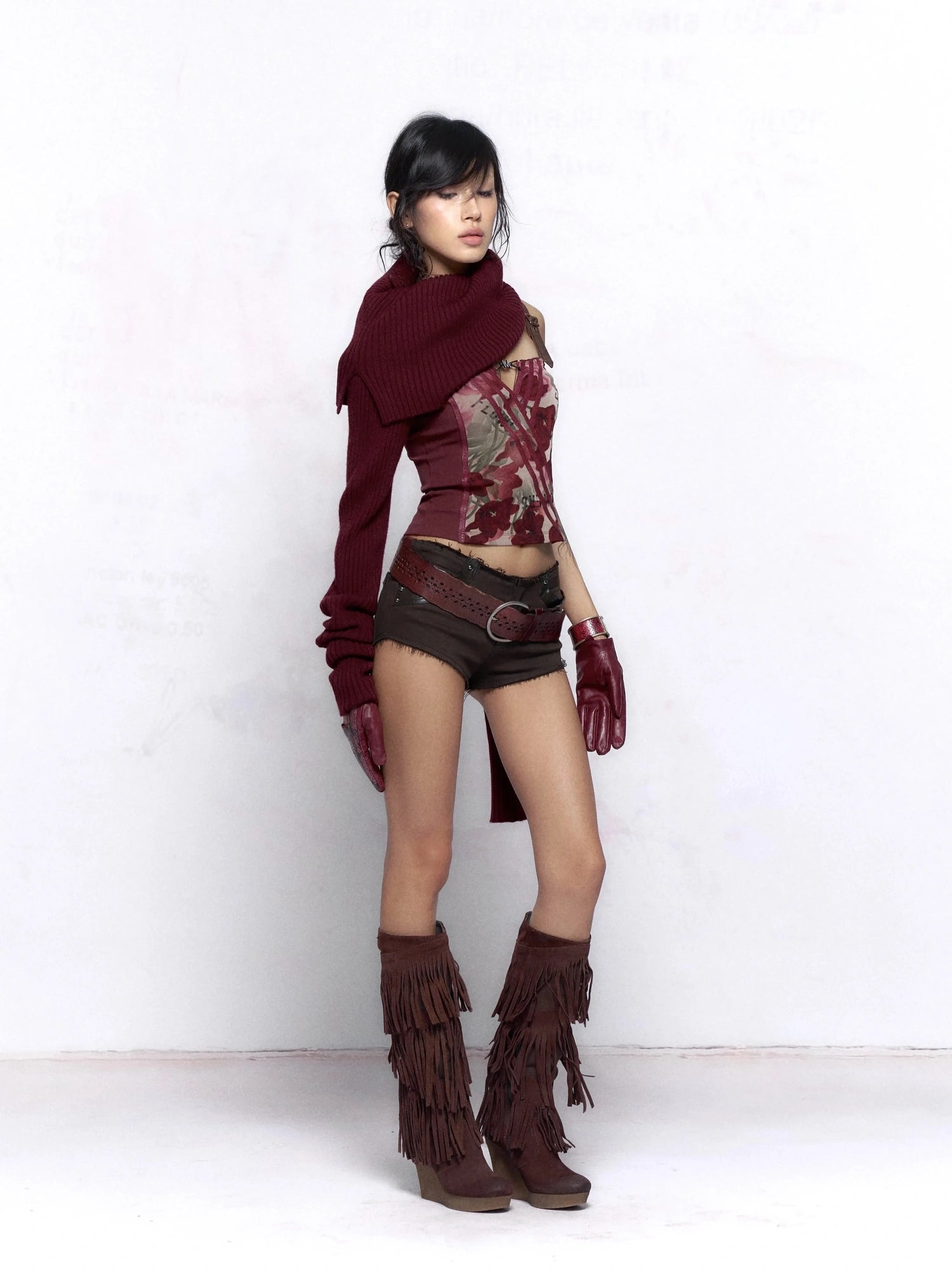 Flowers birds Market Elegant Two Tone Cowl Neck Pullover Long Sleeve Women Burgundy Black Blouse