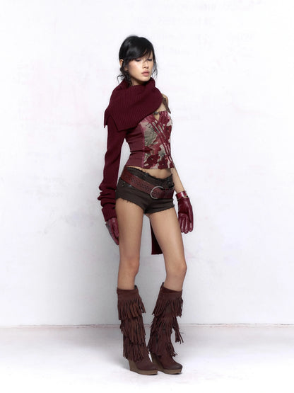 Flowers birds Market Elegant Two Tone Cowl Neck Pullover Long Sleeve Women Burgundy Black Blouse