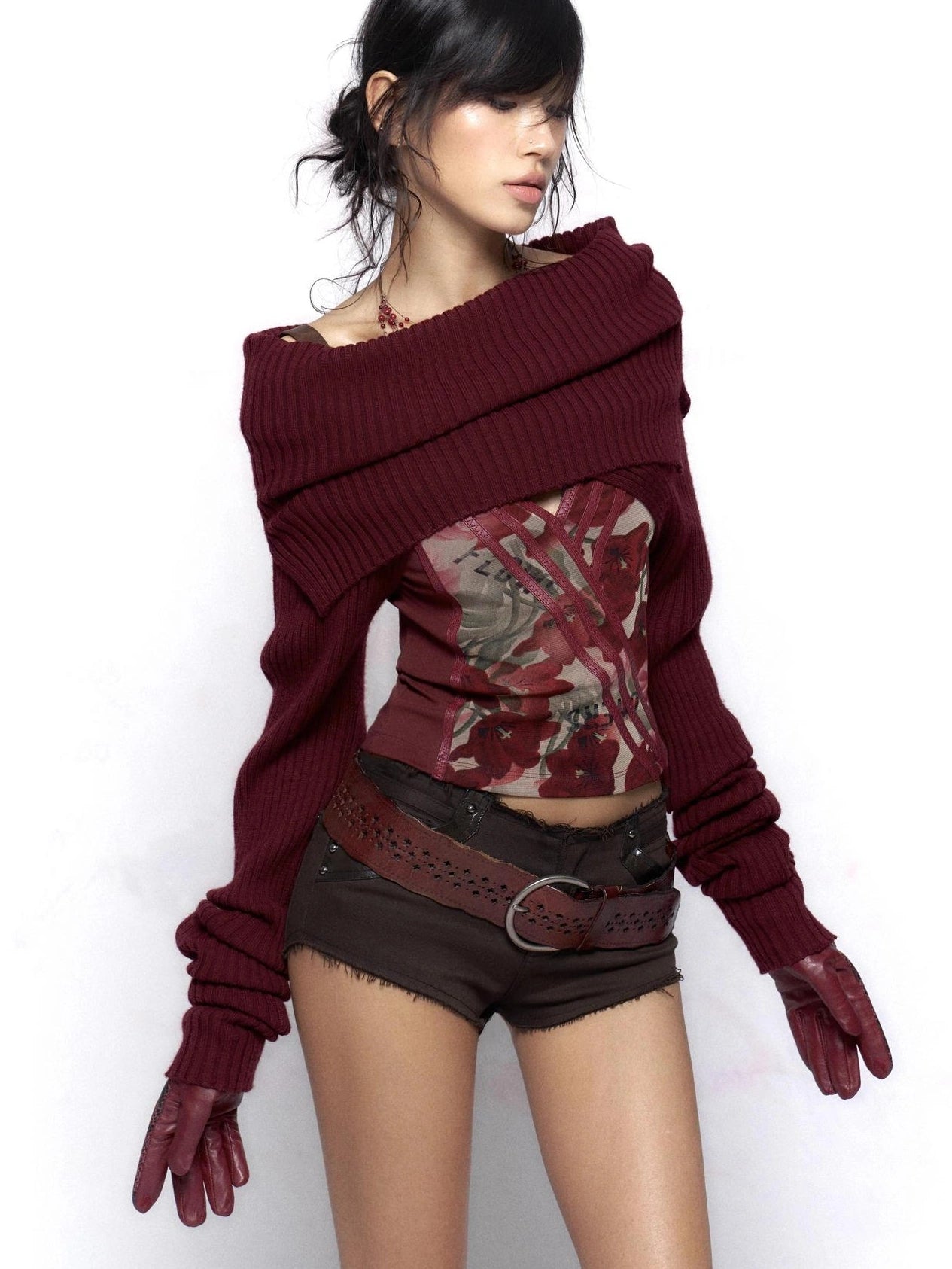 Flowers birds Market Elegant Two Tone Cowl Neck Pullover Long Sleeve Women Burgundy Black Blouse