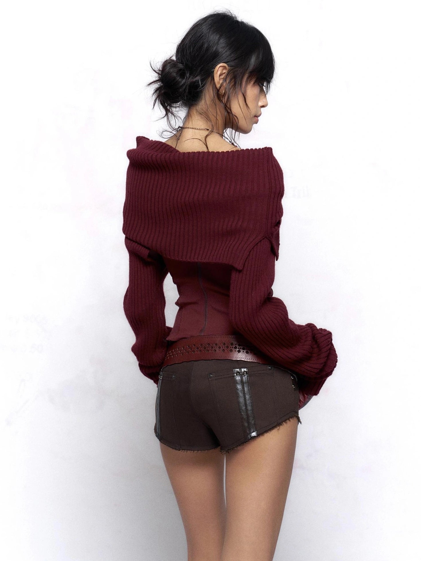 Flowers birds Market Elegant Two Tone Cowl Neck Pullover Long Sleeve Women Burgundy Black Blouse