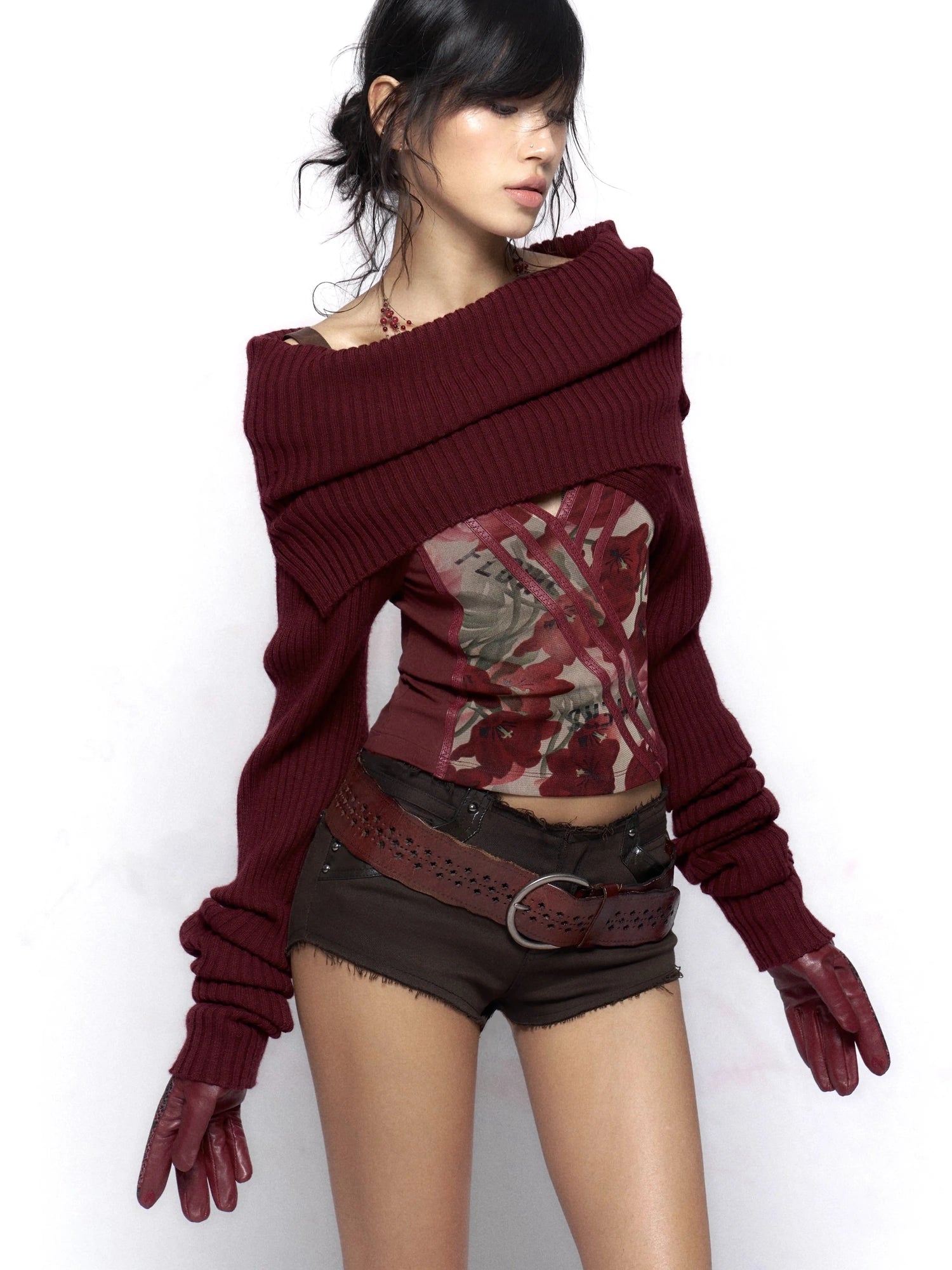 Flowers birds Market Elegant Two Tone Cowl Neck Pullover Long Sleeve Women Burgundy Black Blouse