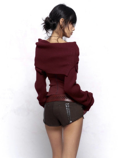 Flowers birds Market Elegant Two Tone Cowl Neck Pullover Long Sleeve Women Burgundy Black Blouse