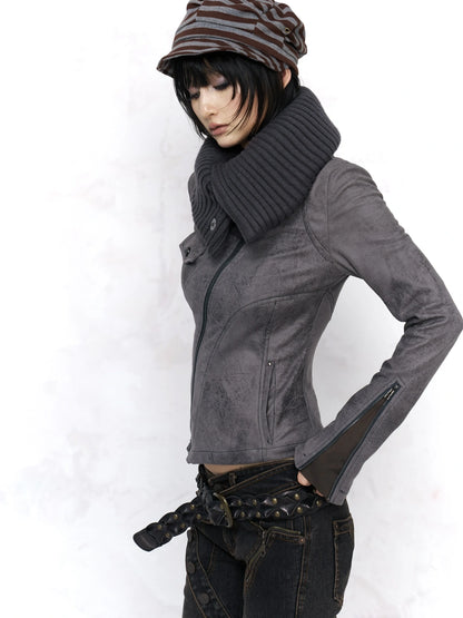 Flowers birds Market Embossed Faux Leather Slim Fit Zip Front Turn Down Collar Vintage Womens Jacket