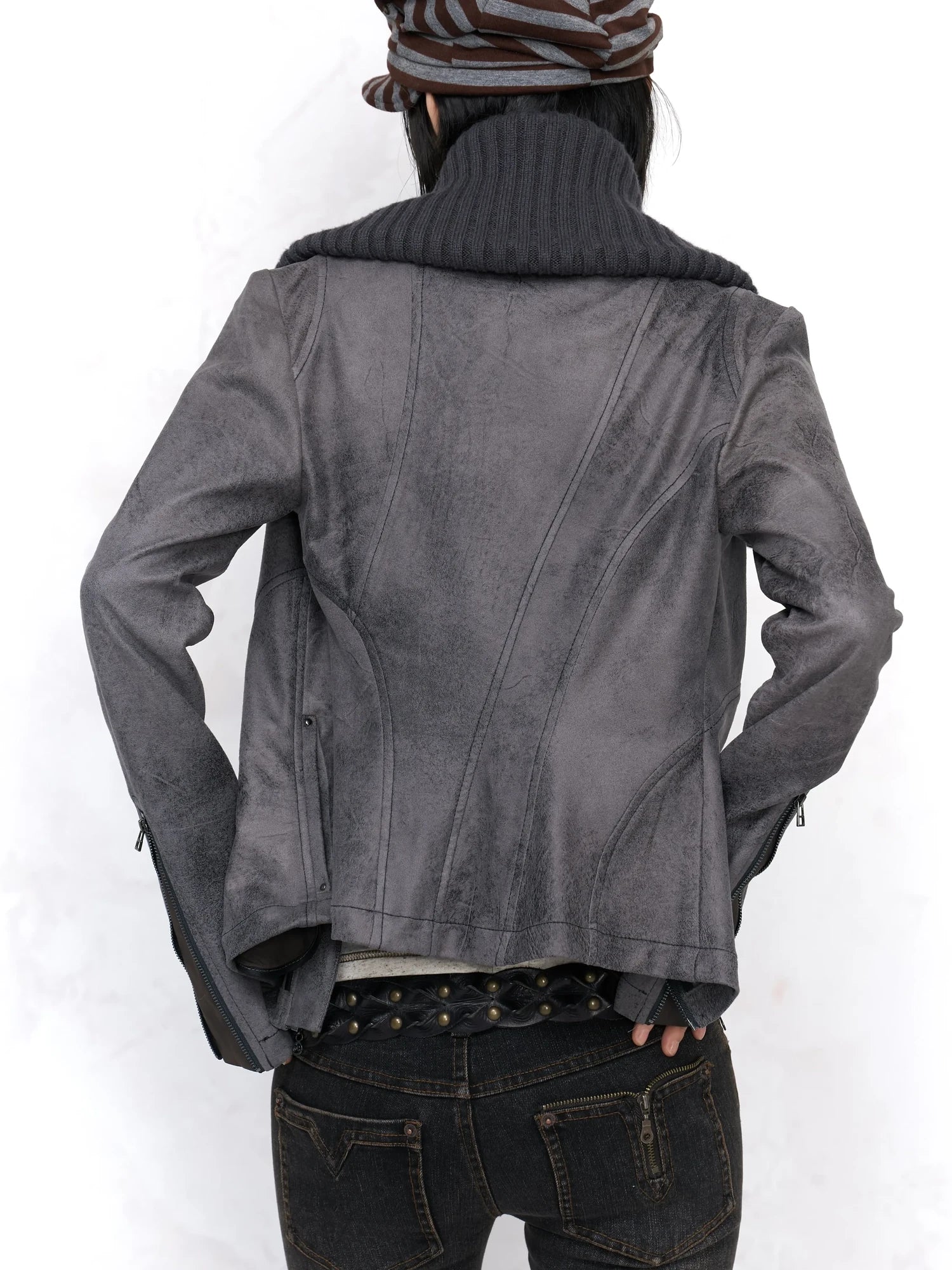 Flowers birds Market Embossed Faux Leather Slim Fit Zip Front Turn Down Collar Vintage Womens Jacket