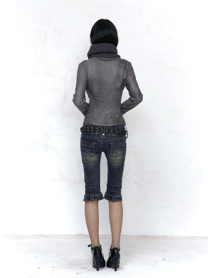 Flowers birds Market Embossed Faux Leather Slim Fit Zip Front Turn Down Collar Vintage Womens Jacket