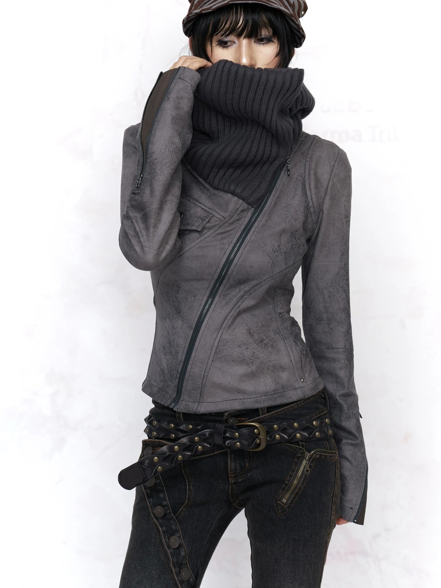 Flowers birds Market Embossed Faux Leather Slim Fit Zip Front Turn Down Collar Vintage Womens Jacket