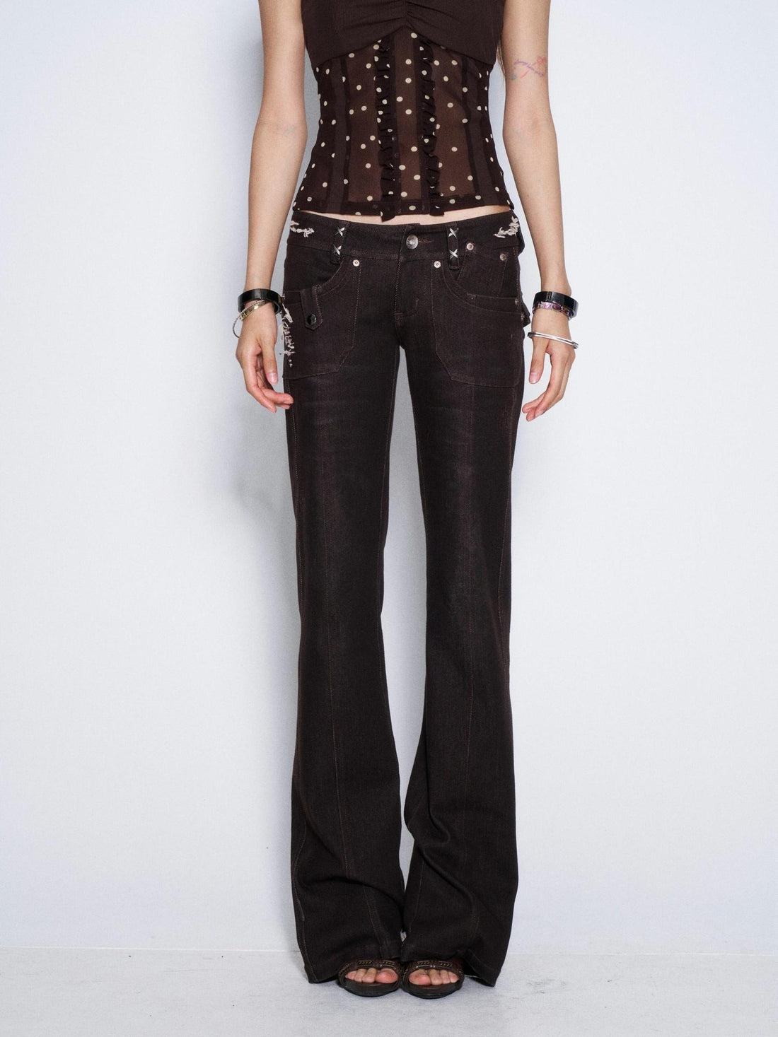 Flowers_birds_Market Embroidered Floral Low Rise Denim Women Deep Brown Straight-Leg Jeans