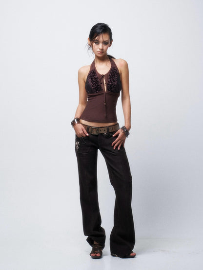 Flowers_birds_Market Embroidered Floral Low Rise Denim Women Deep Brown Straight-Leg Jeans