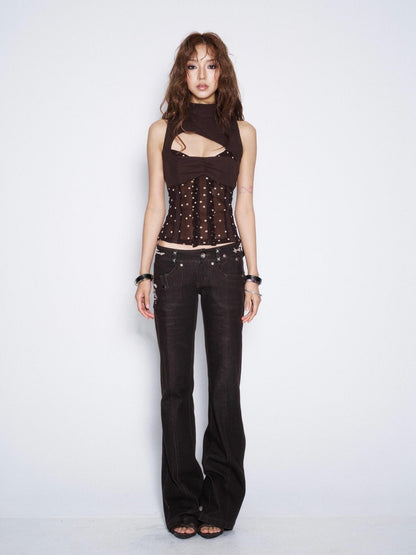 Flowers_birds_Market Embroidered Floral Low Rise Denim Women Deep Brown Straight-Leg Jeans