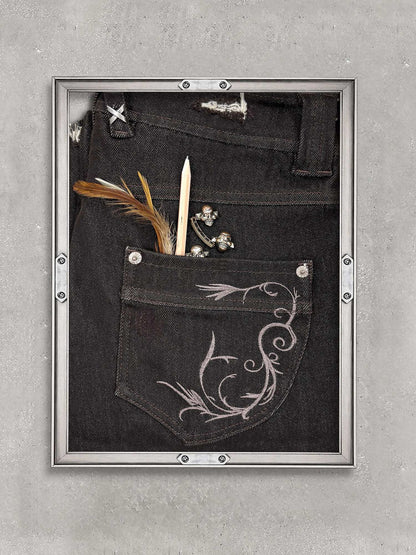 Flowers_birds_Market Embroidered Floral Low Rise Denim Women Deep Brown Straight-Leg Jeans