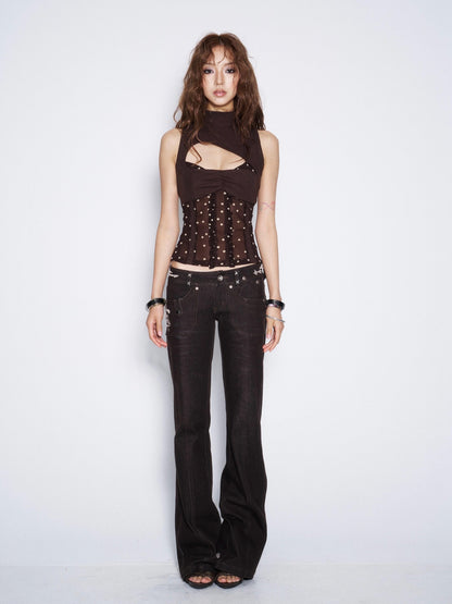 Flowers_birds_Market Embroidered Floral Low Rise Denim Women Deep Brown Straight-Leg Jeans