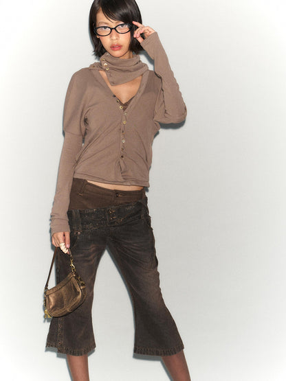 Flowers birds Market Faux Leather Knit Long Sleeve Top Stretch Slim Fit Multi-Way Wear