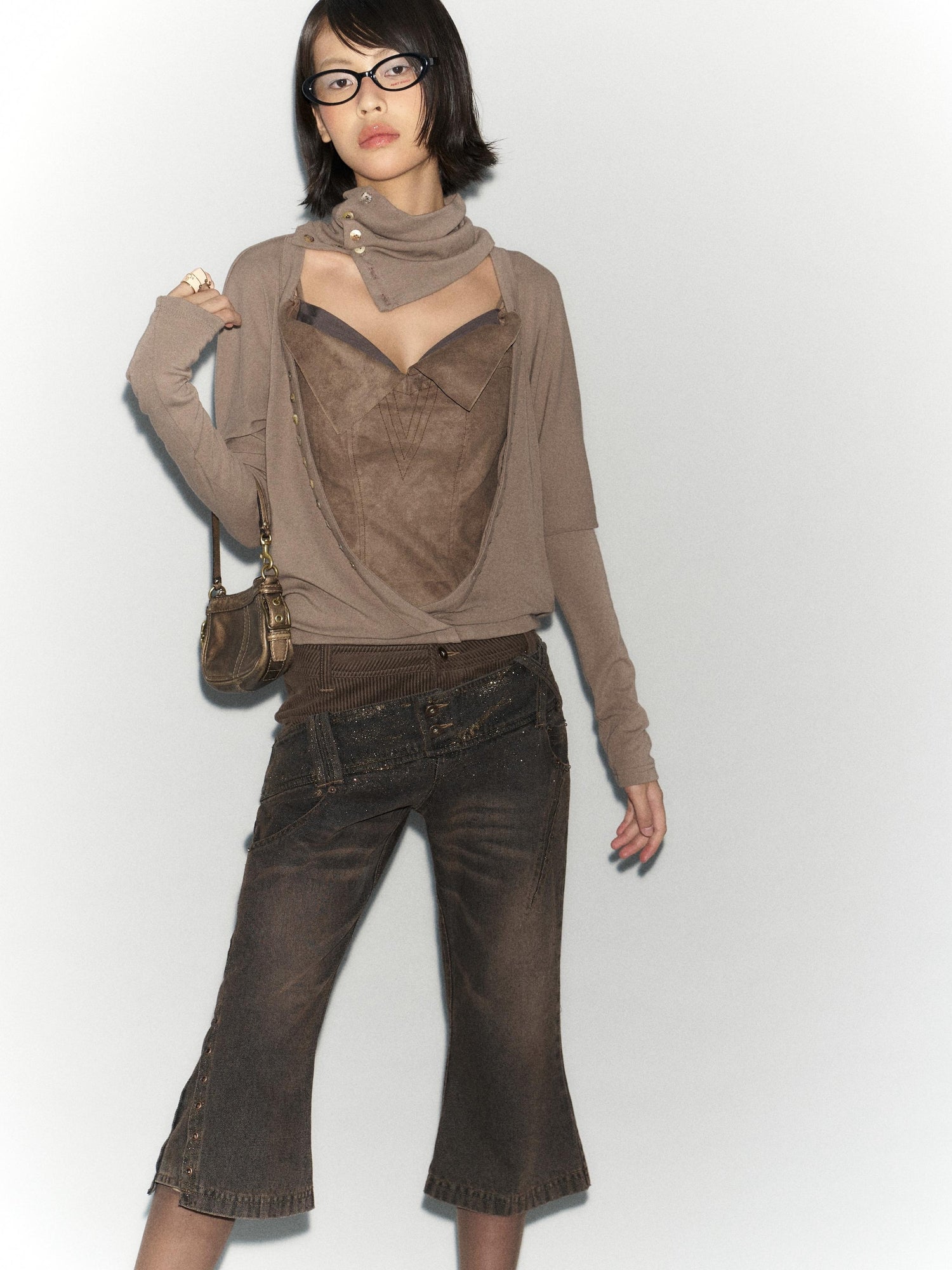 Flowers birds Market Faux Leather Knit Long Sleeve Top Stretch Slim Fit Multi-Way Wear