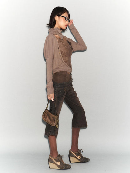 Faux Leather Knit Long Sleeve Top Stretch Slim Fit Multi-Way Wear