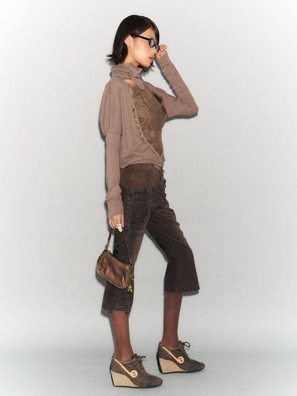 Flowers birds Market Faux Leather Knit Long Sleeve Top Stretch Slim Fit Multi-Way Wear