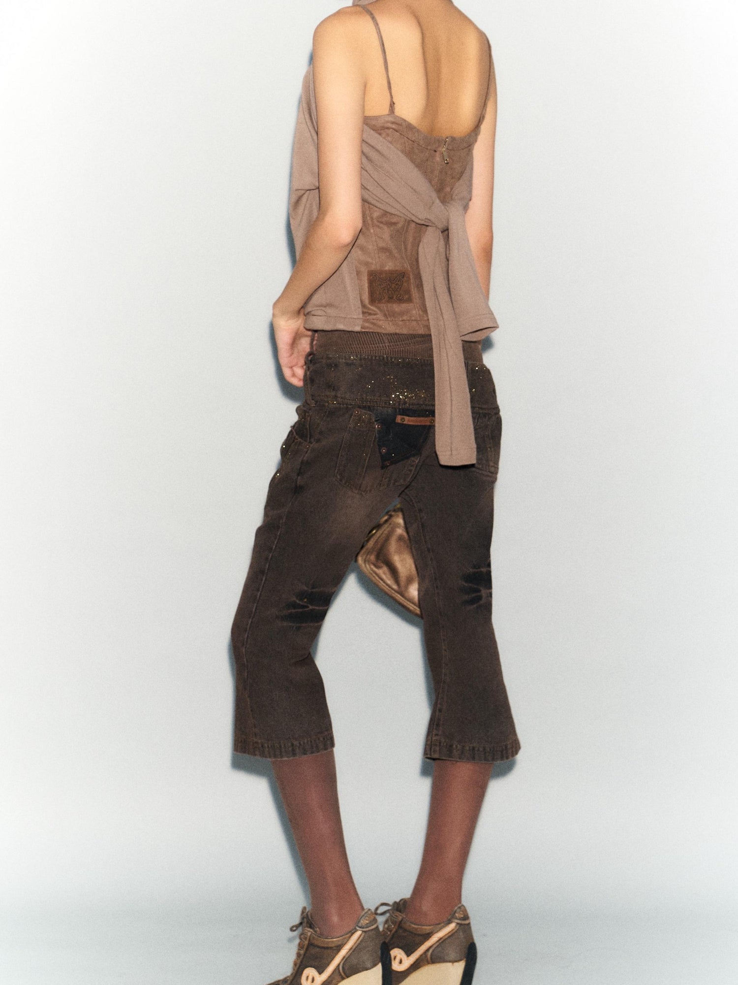 Flowers birds Market Faux Leather Knit Long Sleeve Top Stretch Slim Fit Multi-Way Wear