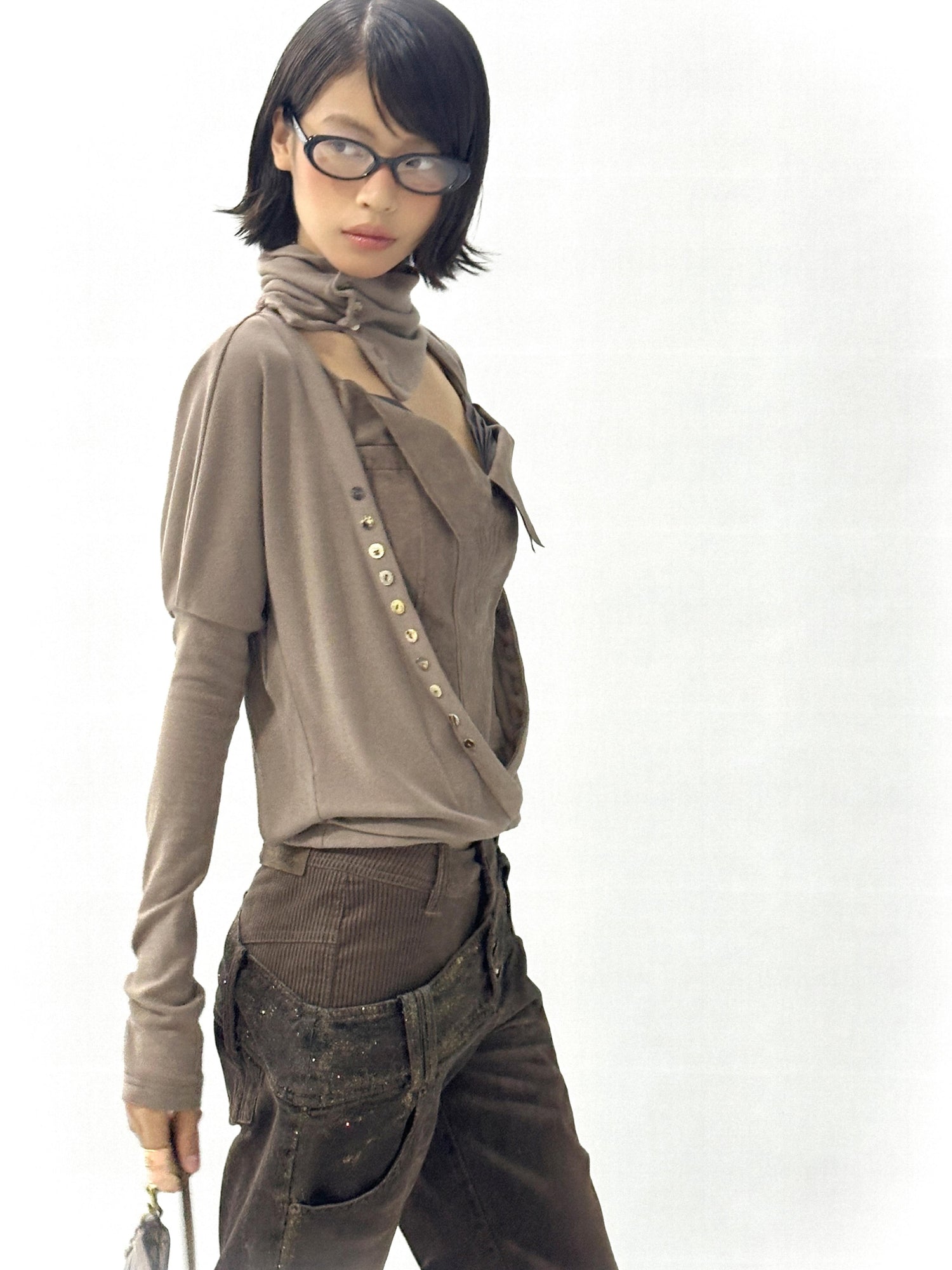 Flowers birds Market Faux Leather Knit Long Sleeve Top Stretch Slim Fit Multi-Way Wear
