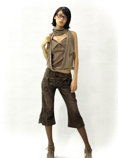 Flowers birds Market Faux Leather Knit Long Sleeve Top Stretch Slim Fit Multi-Way Wear
