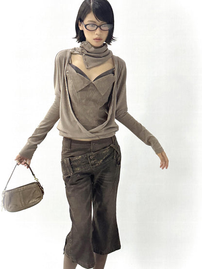 Flowers birds Market Faux Leather Knit Long Sleeve Top Stretch Slim Fit Multi-Way Wear