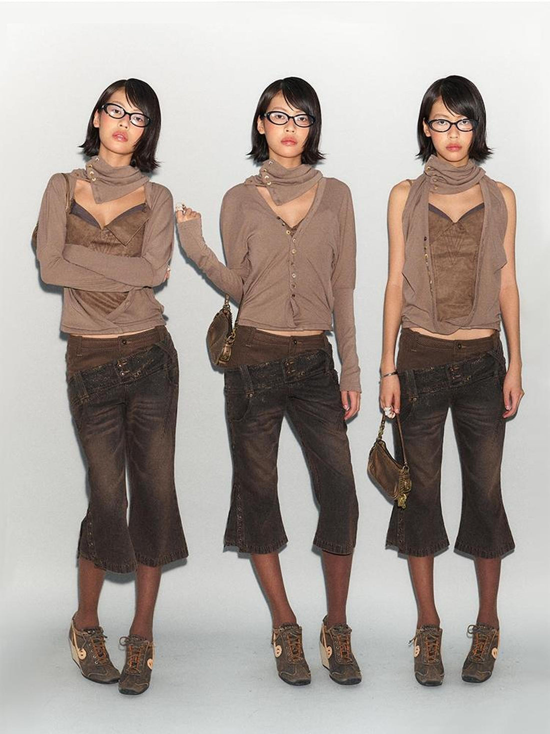 Flowers birds Market Faux Leather Knit Long Sleeve Top Stretch Slim Fit Multi-Way Wear