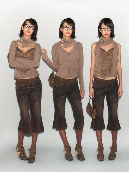 Flowers birds Market Faux Leather Knit Long Sleeve Top Stretch Slim Fit Multi-Way Wear