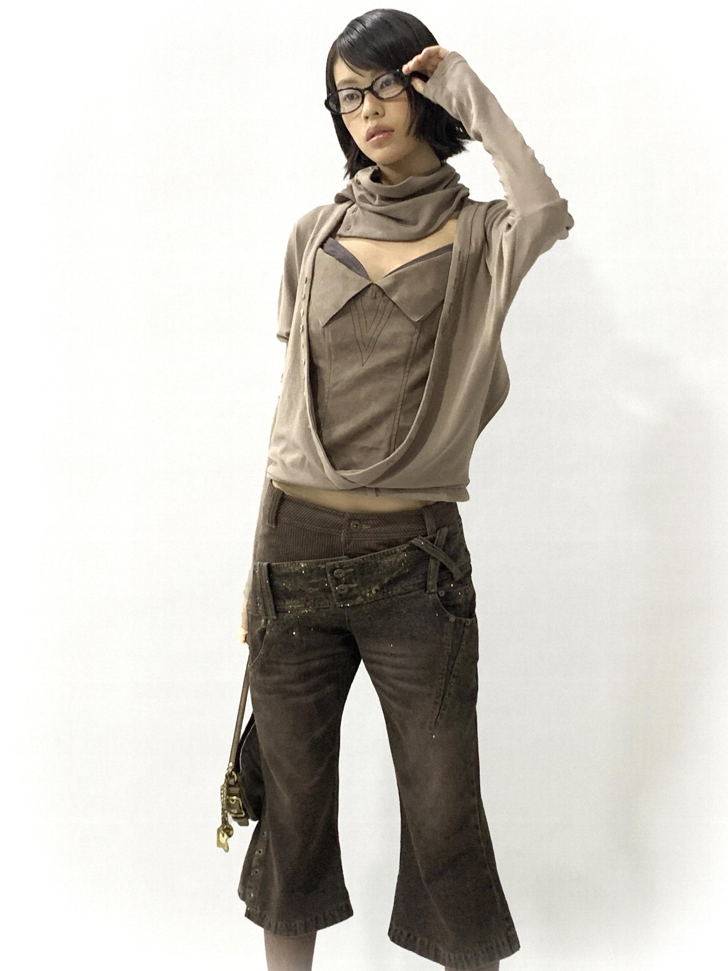 Flowers birds Market Faux Leather Knit Long Sleeve Top Stretch Slim Fit Multi-Way Wear