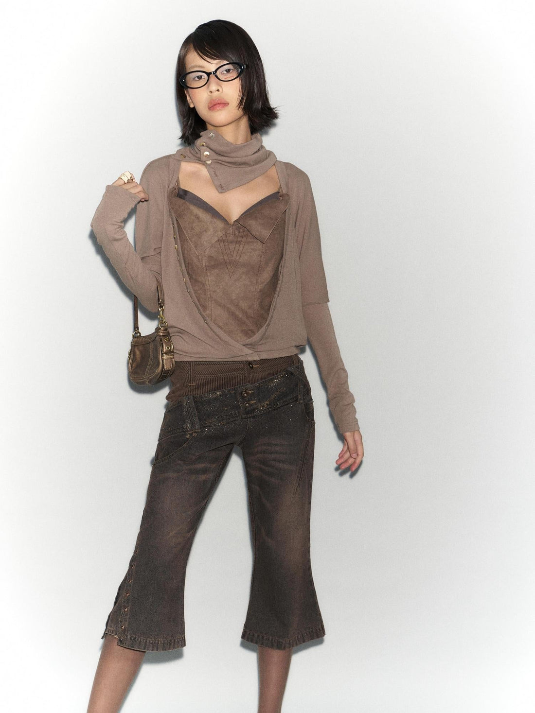 Flowers birds Market Faux Leather Knit Long Sleeve Top Stretch Slim Fit Multi-Way Wear