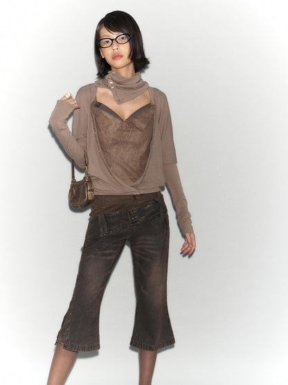 Flowers birds Market Faux Leather Knit Long Sleeve Top Stretch Slim Fit Multi-Way Wear