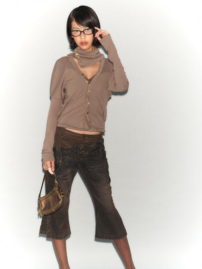 Flowers birds Market Faux Leather Knit Long Sleeve Top Stretch Slim Fit Multi-Way Wear