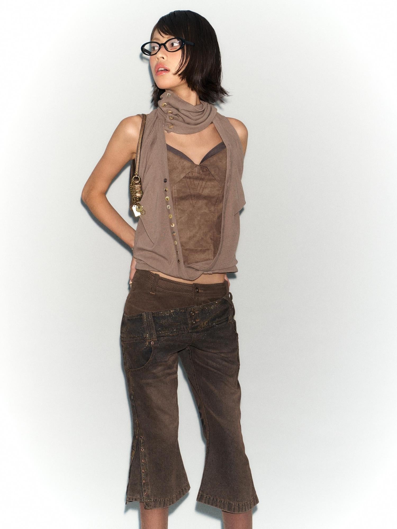 Flowers birds Market Faux Leather Knit Long Sleeve Top Stretch Slim Fit Multi-Way Wear