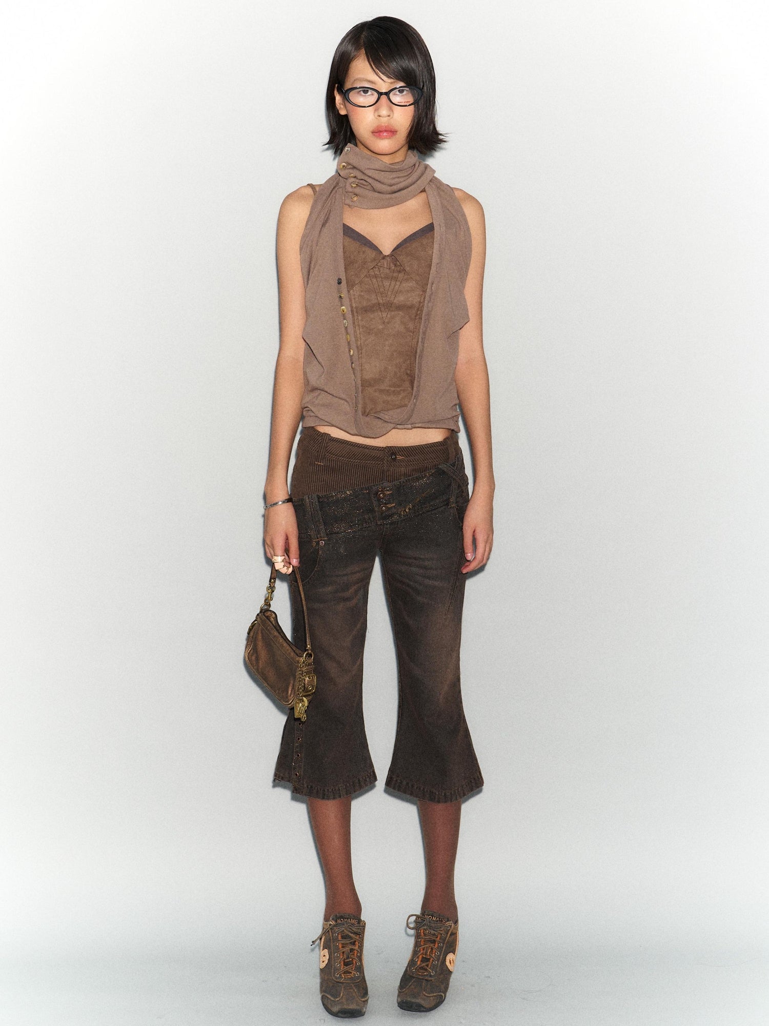 Flowers birds Market Faux Leather Knit Long Sleeve Top Stretch Slim Fit Multi-Way Wear