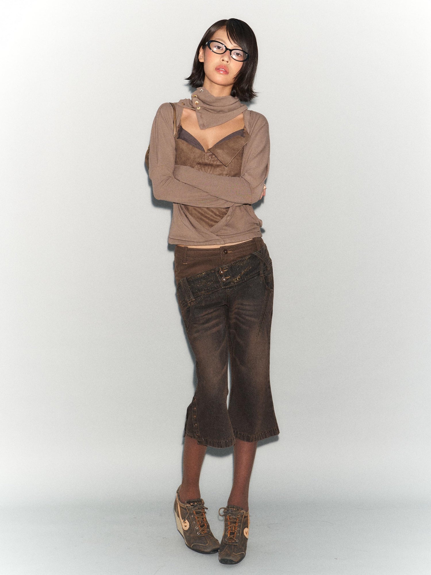 Flowers birds Market Faux Leather Knit Long Sleeve Top Stretch Slim Fit Multi-Way Wear