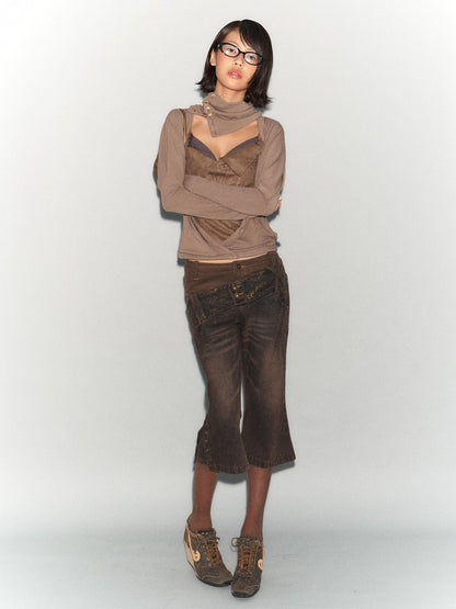 Flowers birds Market Faux Leather Knit Long Sleeve Top Stretch Slim Fit Multi-Way Wear