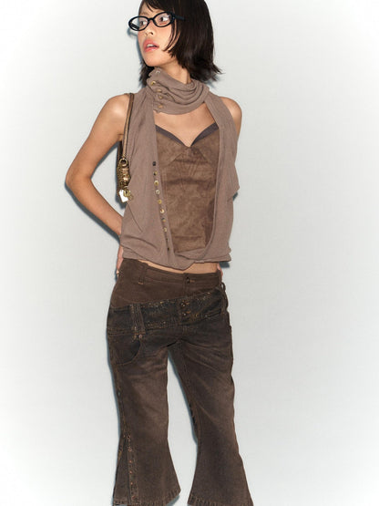 Flowers birds Market Faux Leather Knit Long Sleeve Top Stretch Slim Fit Multi-Way Wear