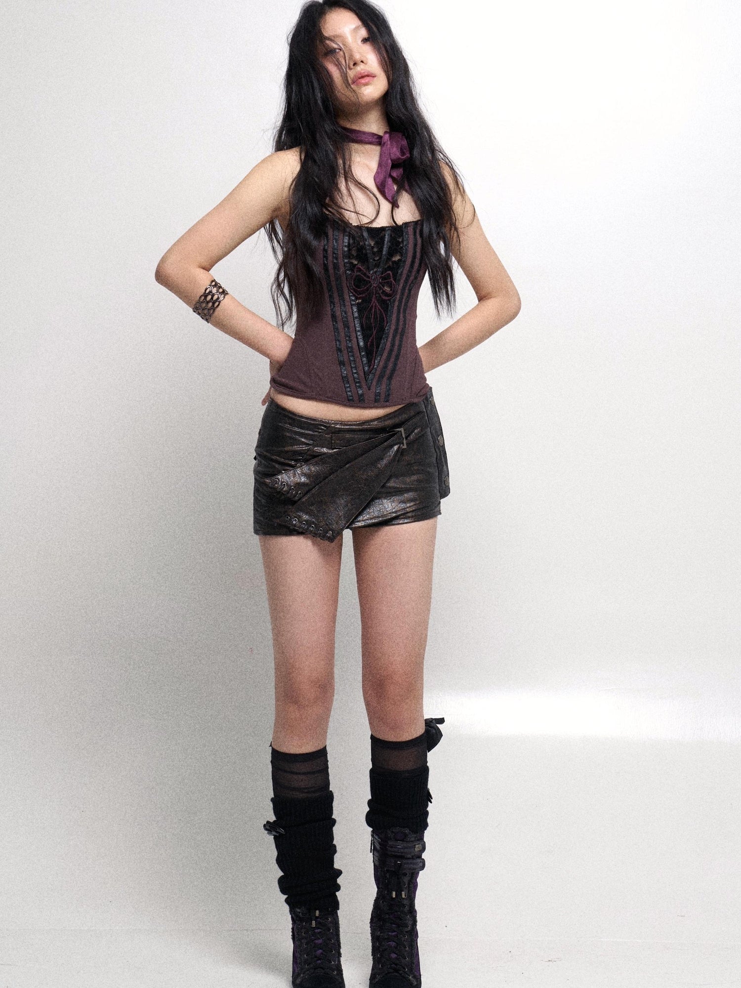 Flowers birds Market Fishbone Lace Trimmed Strap Bustier In Purple And Black