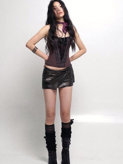 Flowers birds Market Fishbone Lace Trimmed Strap Bustier In Purple And Black