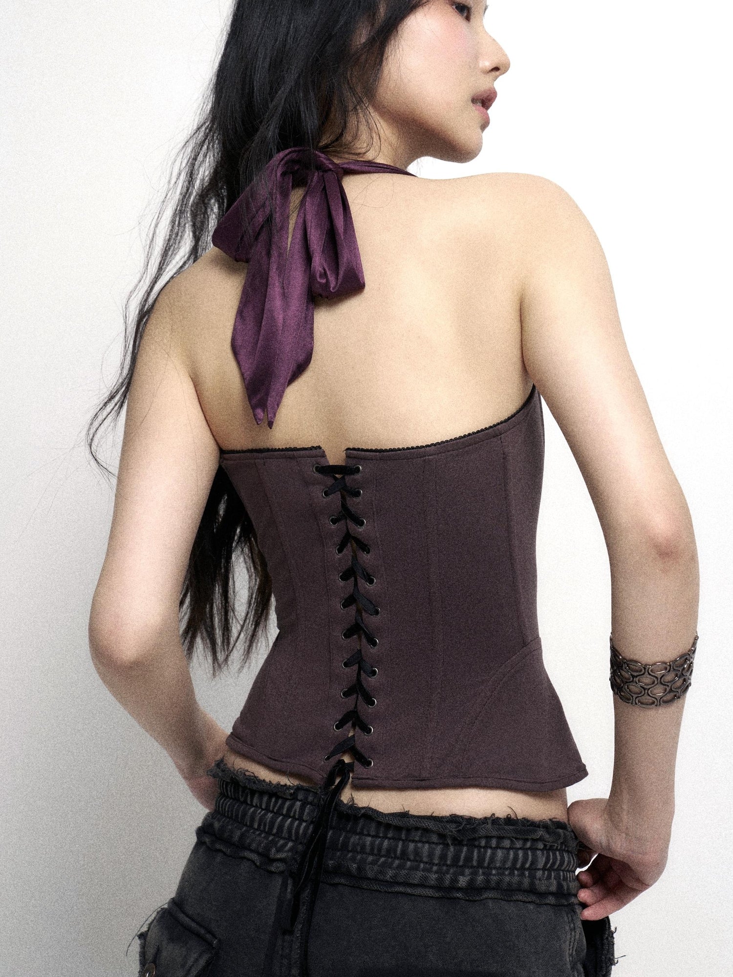 Flowers birds Market Fishbone Lace Trimmed Strap Bustier In Purple And Black