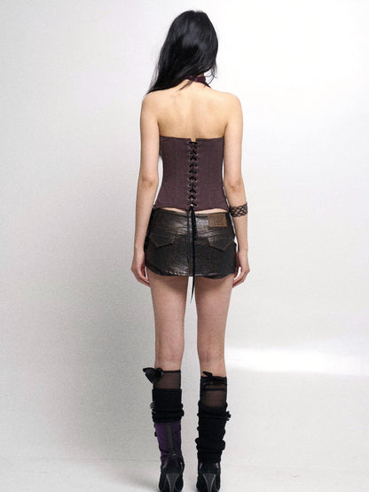 Flowers birds Market Fishbone Lace Trimmed Strap Bustier In Purple And Black