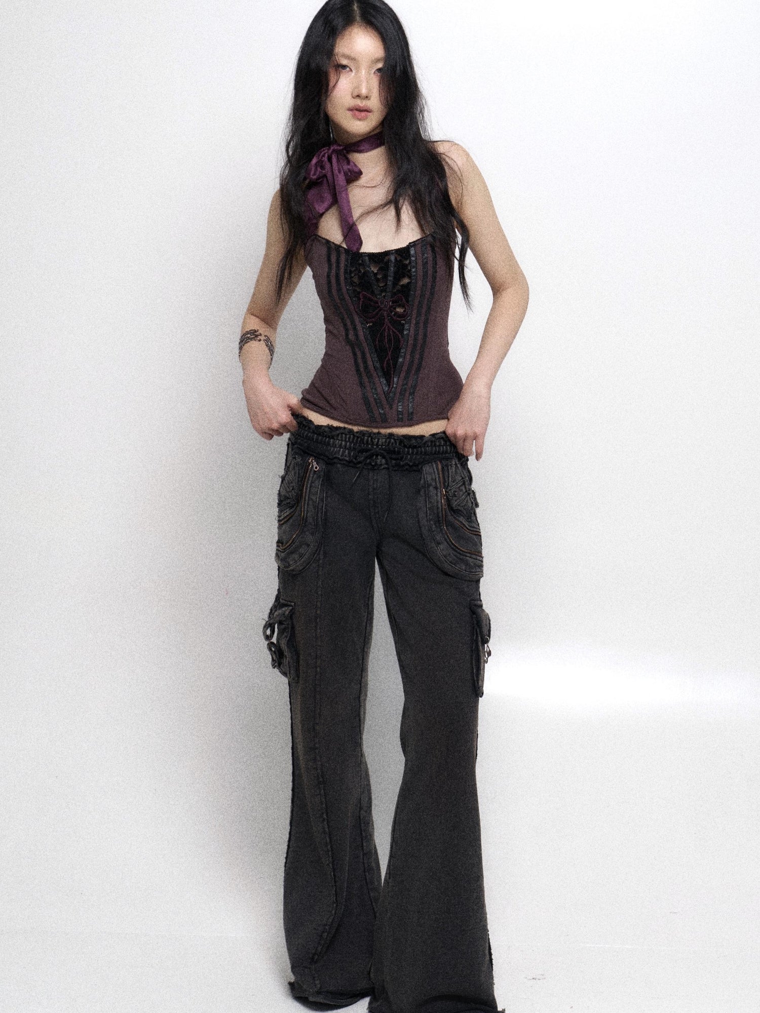 Flowers birds Market Fishbone Lace Trimmed Strap Bustier In Purple And Black
