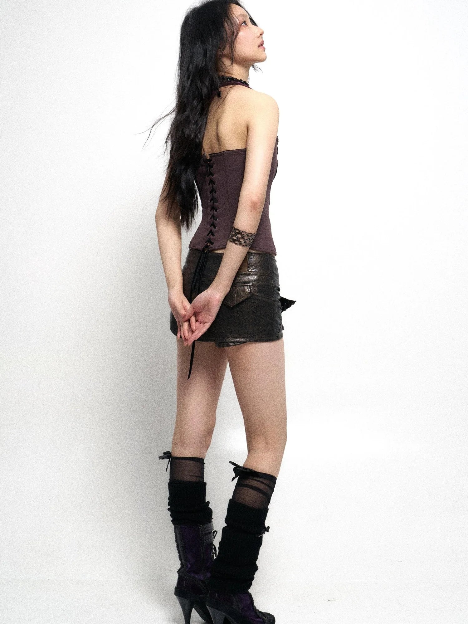 Fishbone Lace Trimmed Strap Bustier In Purple And Black