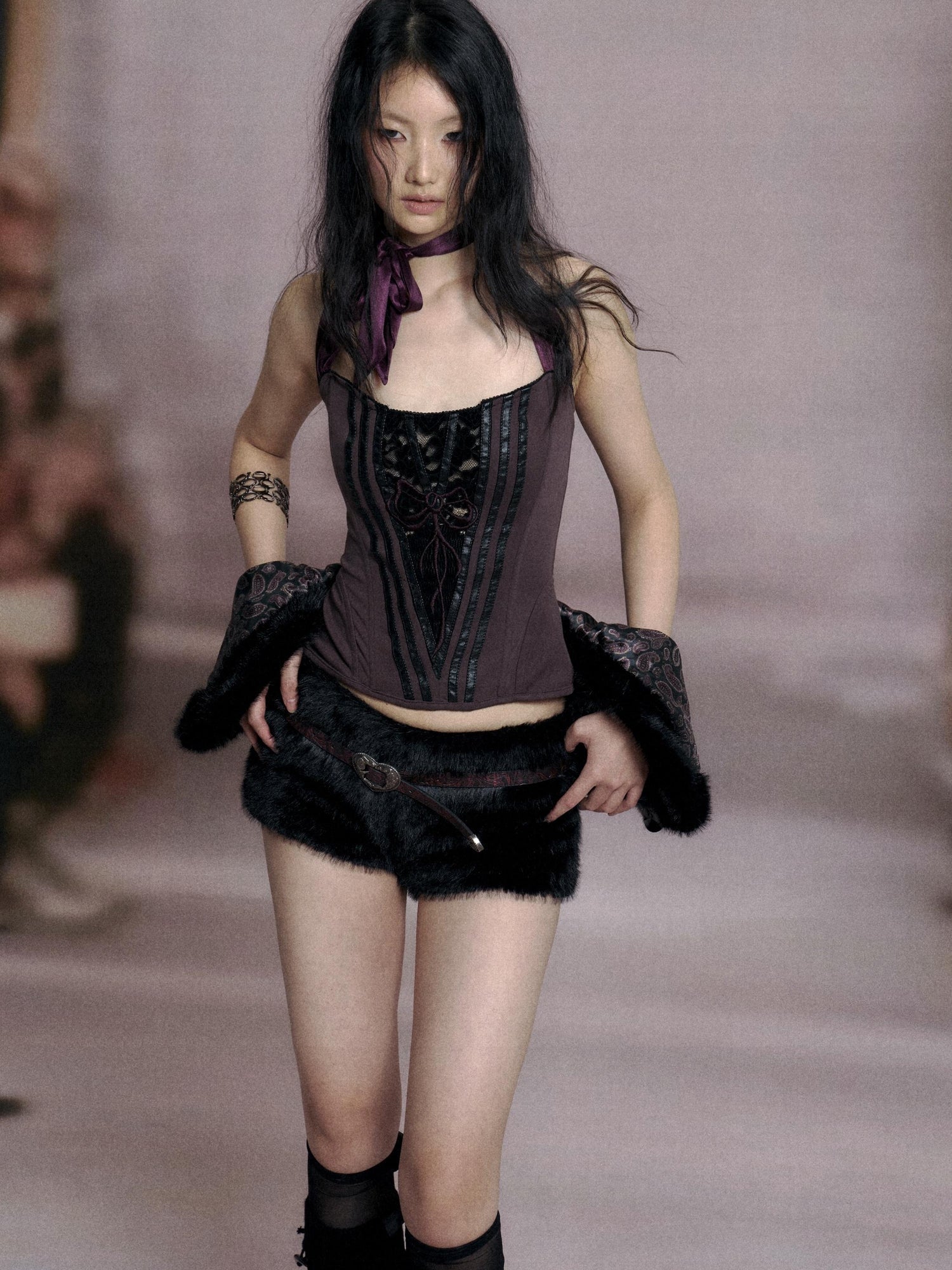 Flowers birds Market Fishbone Lace Trimmed Strap Bustier In Purple And Black