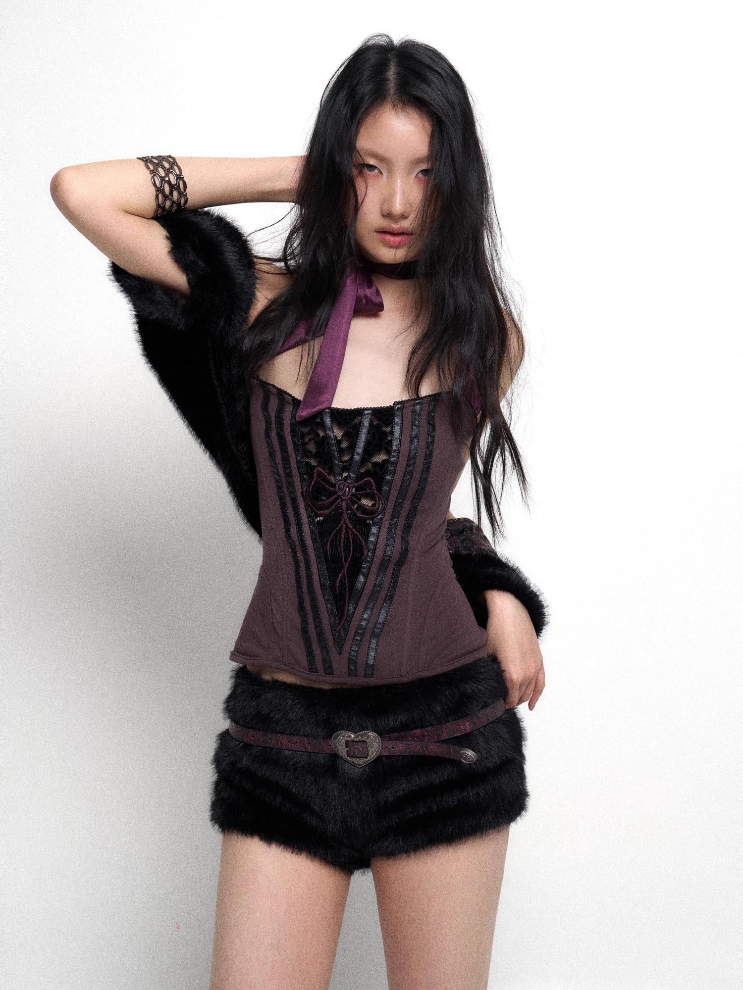Flowers birds Market Fishbone Lace Trimmed Strap Bustier In Purple And Black