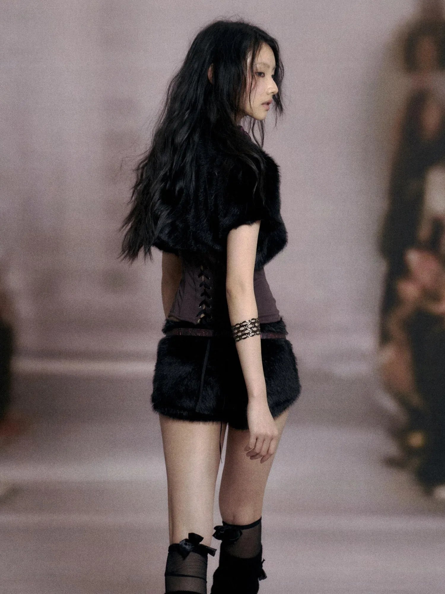 Fishbone Lace Trimmed Strap Bustier In Purple And Black