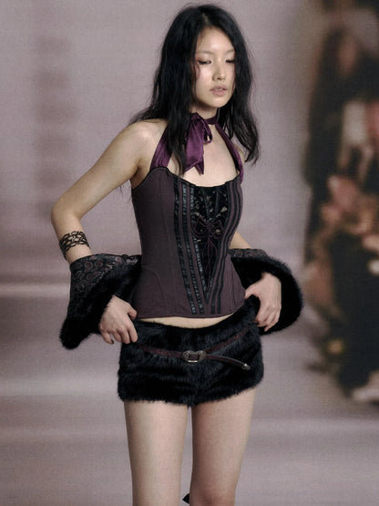 Fishbone Lace Trimmed Strap Bustier In Purple And Black