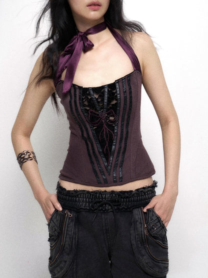 Flowers birds Market Fishbone Lace Trimmed Strap Bustier In Purple And Black