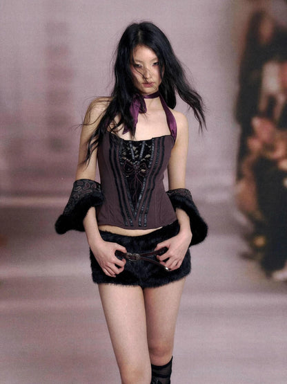 Fishbone Lace Trimmed Strap Bustier In Purple And Black