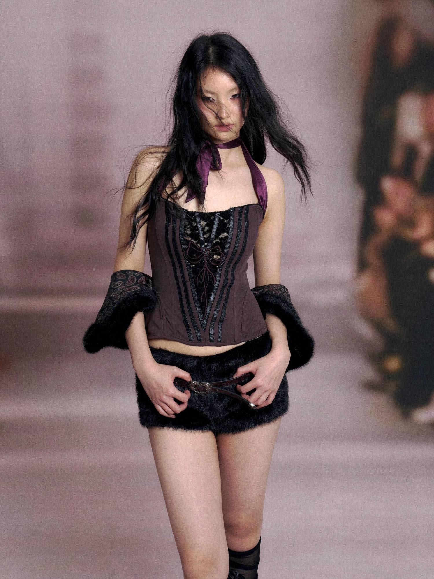 Flowers birds Market Fishbone Lace Trimmed Strap Bustier In Purple And Black