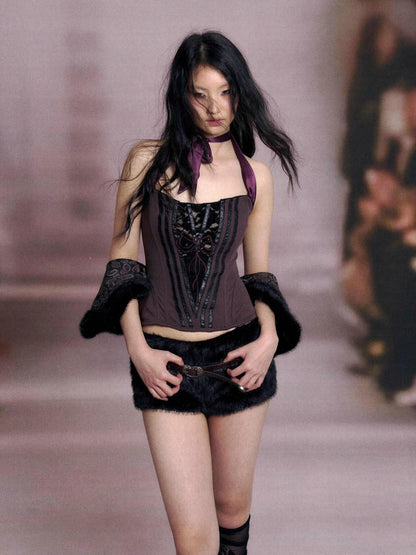Flowers birds Market Fishbone Lace Trimmed Strap Bustier In Purple And Black